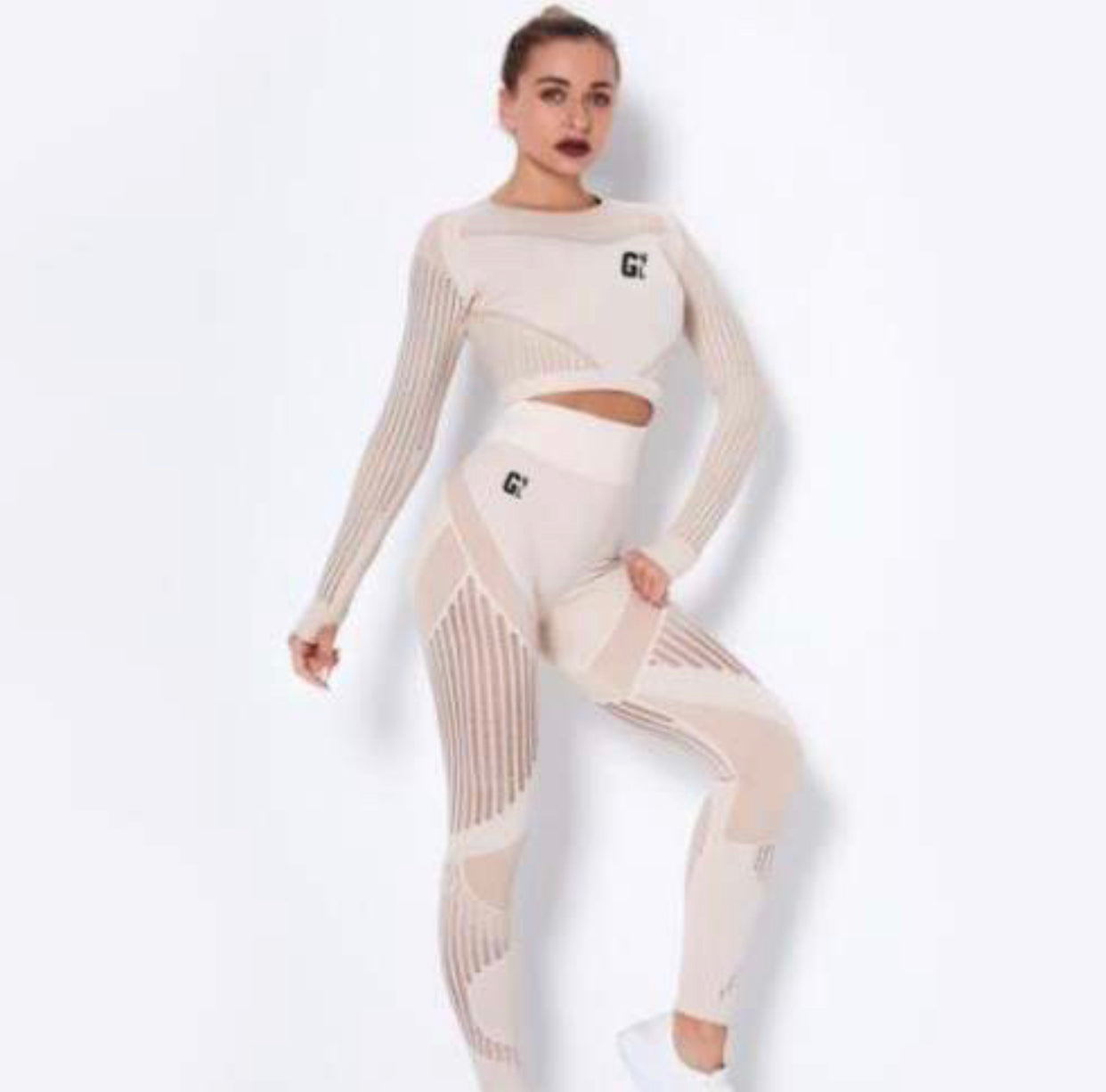 2 Piece Workout Clothes for Women High Waist Long Sleeve Crop Top Sports Legging Seamless Yoga Sets