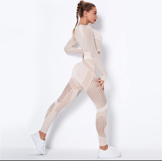 2 Piece Workout Clothes for Women High Waist Long Sleeve Crop Top Sports Legging Seamless Yoga Sets